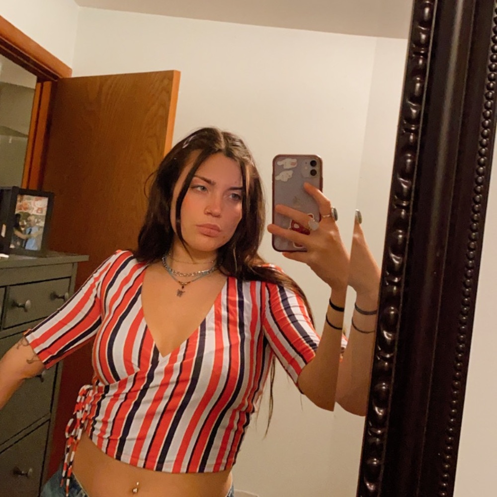 Orange and blue striped wrap top